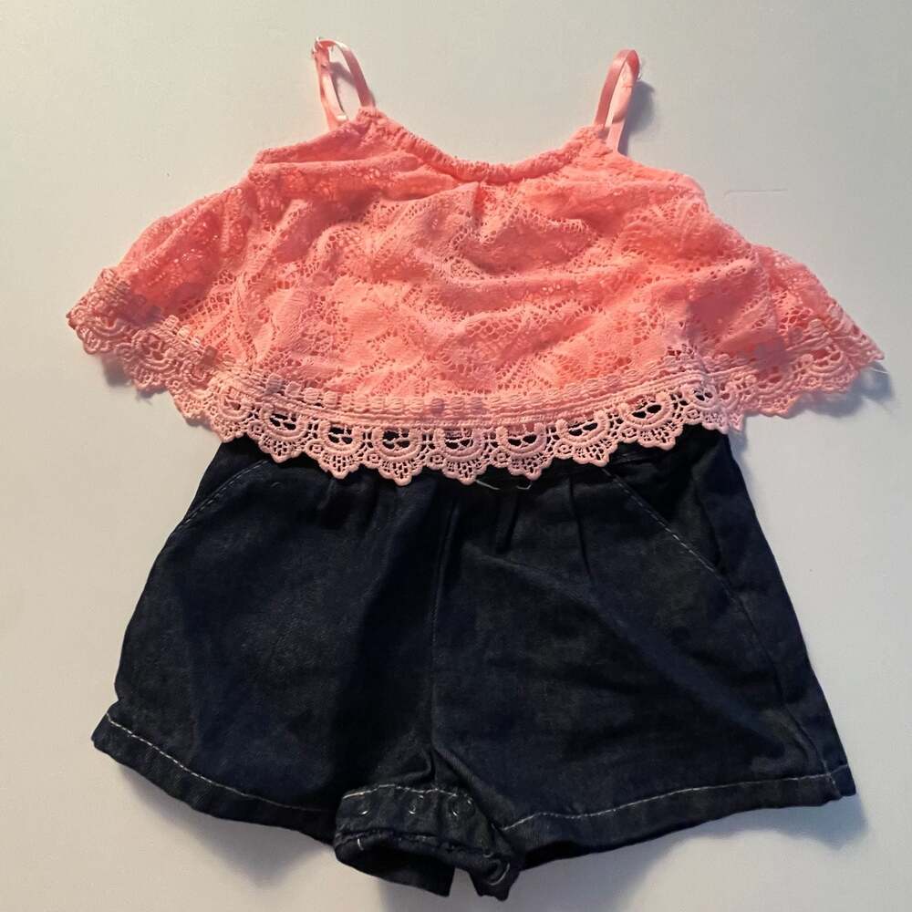 Limited Too Pink Lace Overlay Romper Denim Blue Shorts